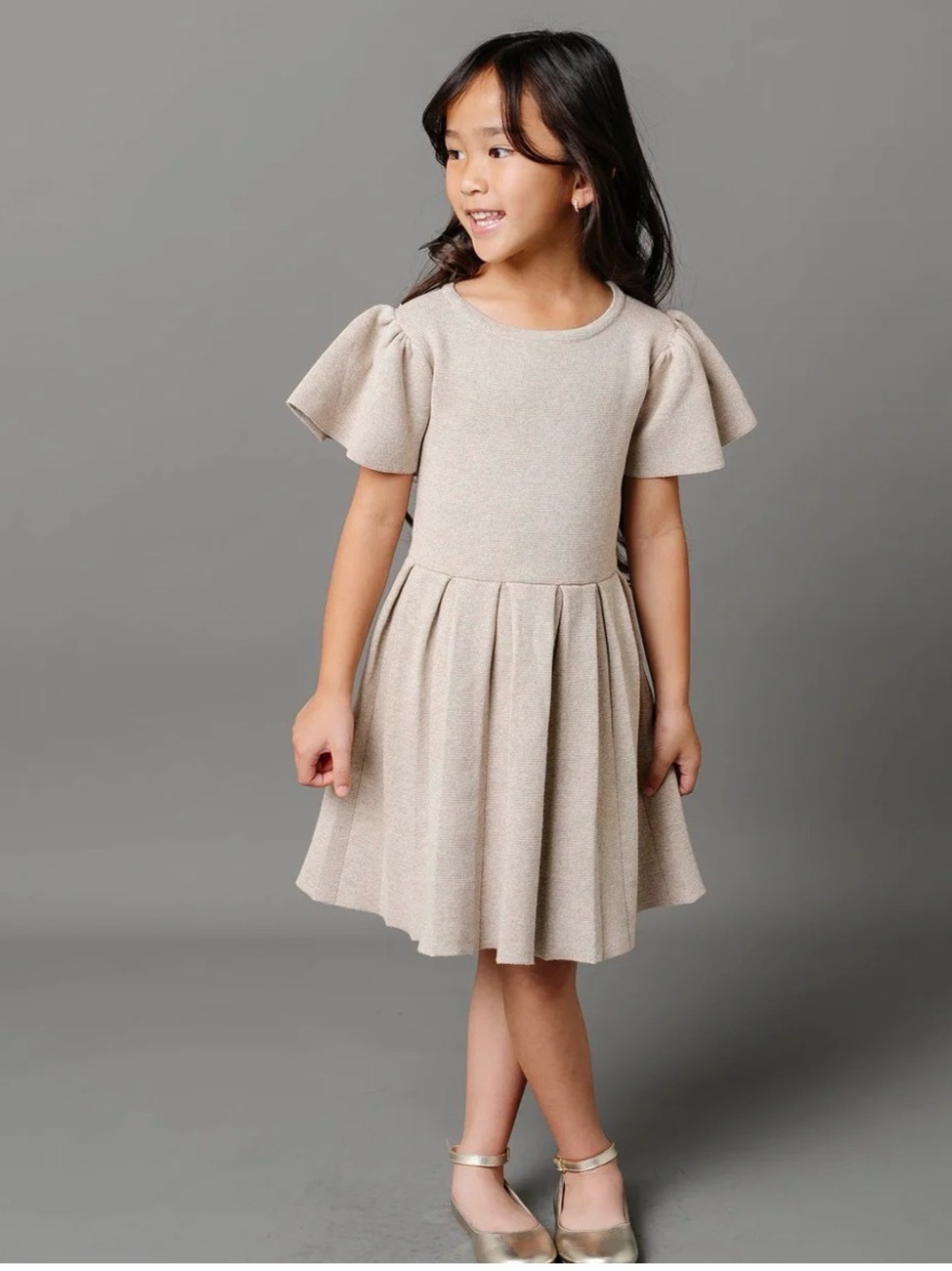 Hope & Henry Girls' Beige Shimmer Pleated Party Dress